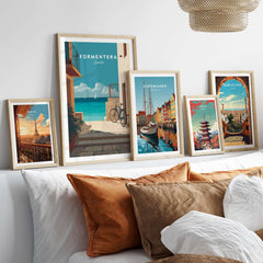 Formentera Old Town Sea View Print | Mediterranean Holiday Wall Art displayed in stylish frames on a cozy wall.