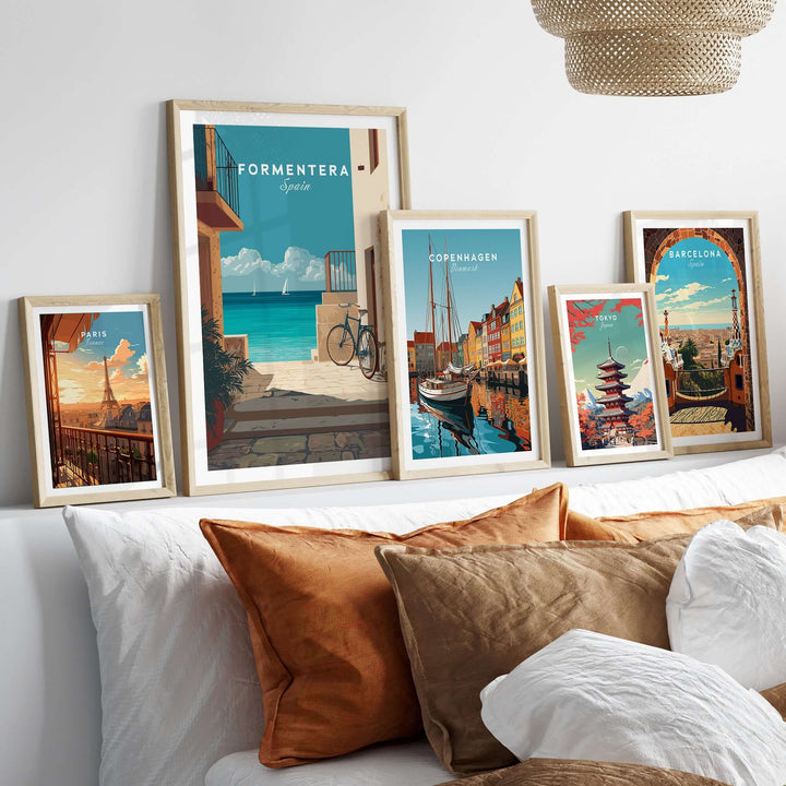 Formentera Old Town Sea View Print | Mediterranean Holiday Wall Art displayed on a cozy wall with other travel-themed prints.