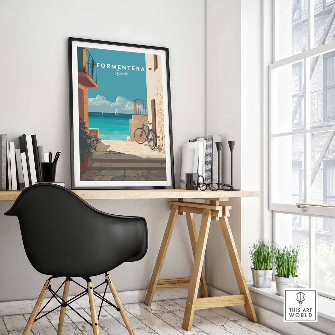 Formentera Old Town Sea View Print | Mediterranean Holiday Wall Art displayed in a stylish interior setting.