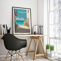 Formentera Old Town Sea View Print | Mediterranean Holiday Wall Art displayed in a stylish interior setting.