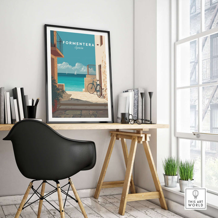 Formentera Old Town Sea View Print | Mediterranean Holiday Wall Art displayed in a stylish interior setting.