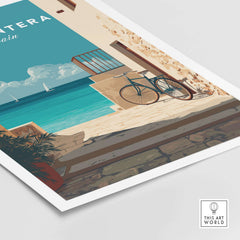 Formentera Old Town Sea View Print | Mediterranean Holiday Wall Art featuring a bike by the seaside.