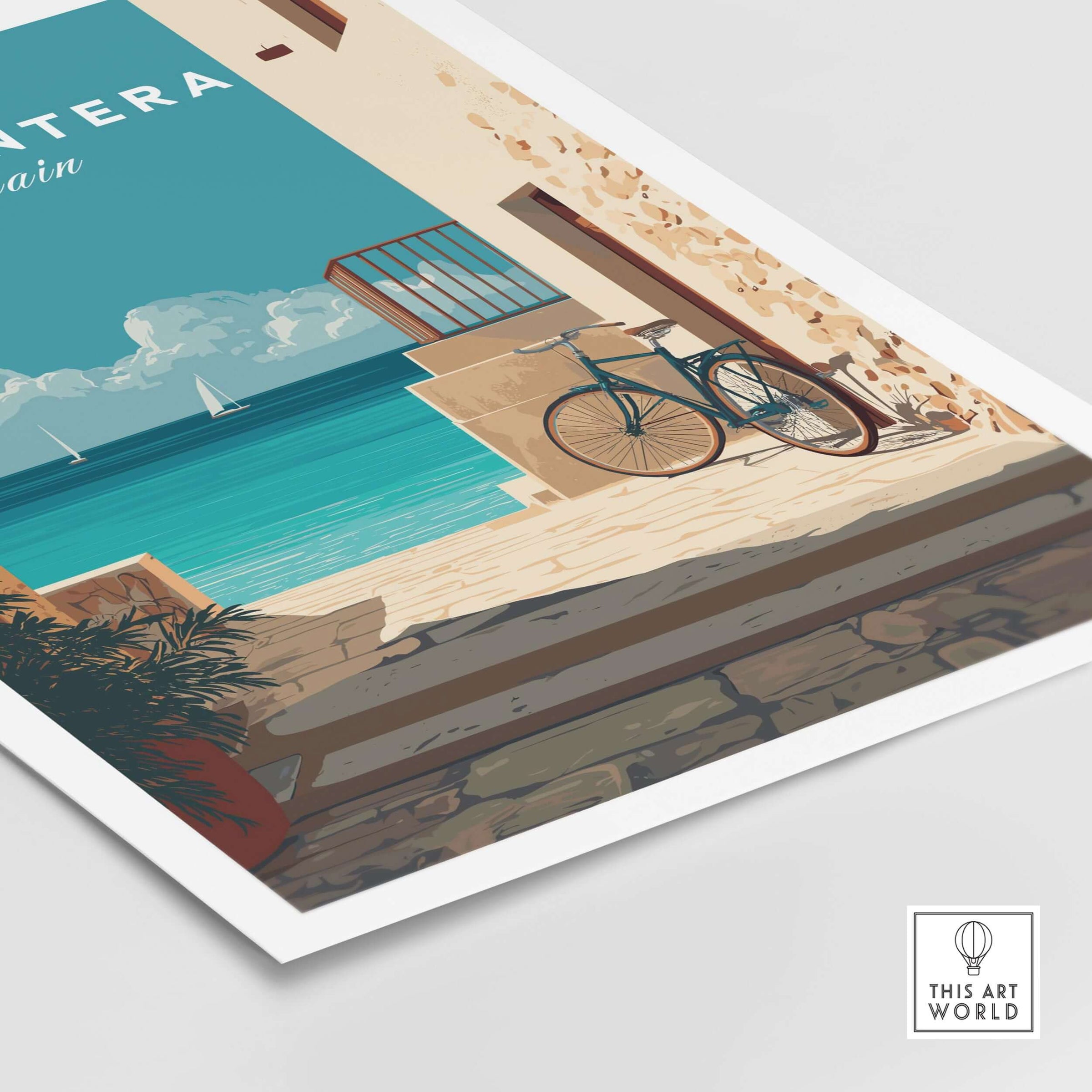 Formentera Old Town Sea View Print | Mediterranean Holiday Wall Art featuring a bike by the seaside.