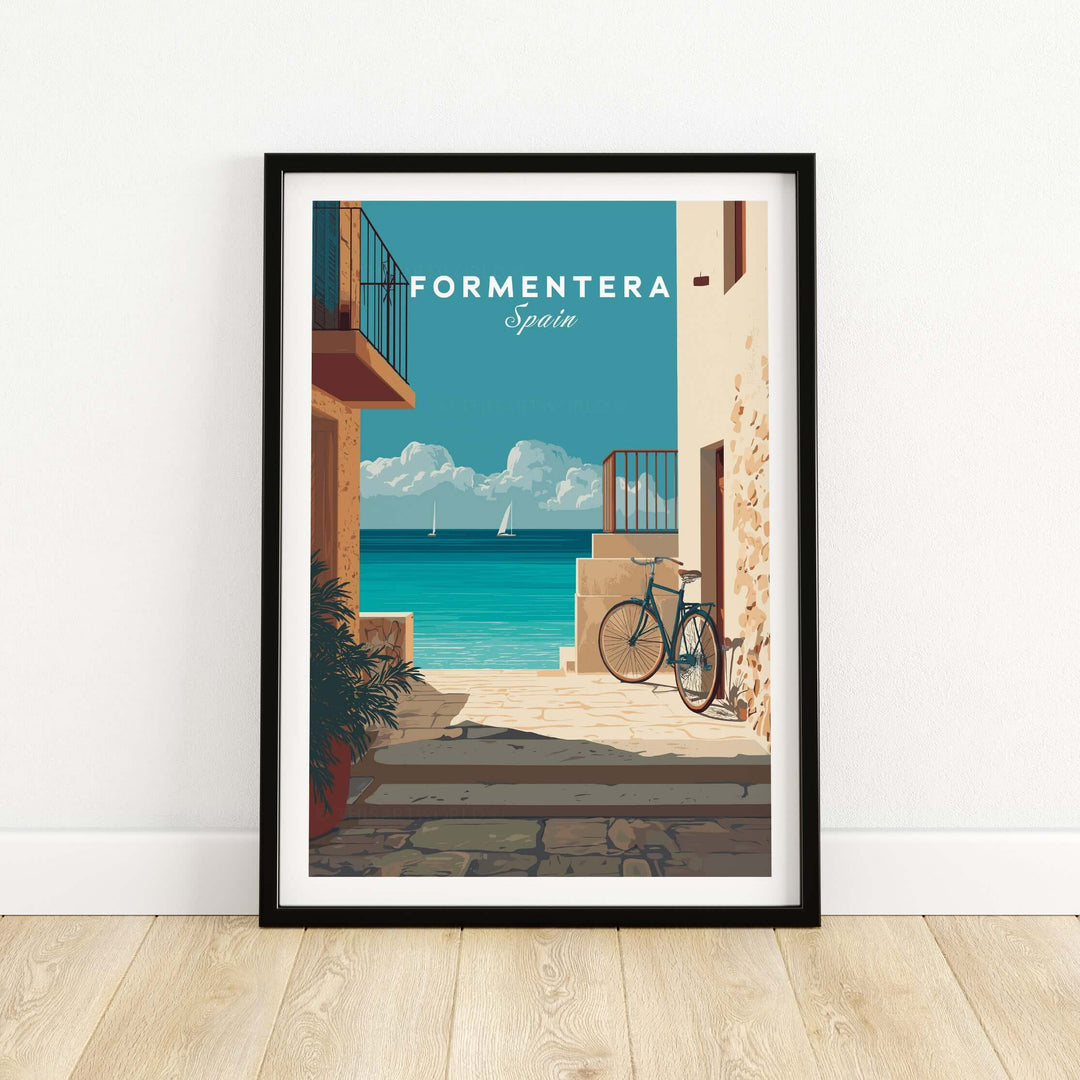Formentera Old Town Sea View Print | Mediterranean Holiday Wall Art showcasing a charming coastal scene.