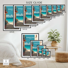 Formentera Old Town Sea View Print | Mediterranean Holiday Wall Art size guide showcasing various dimensions