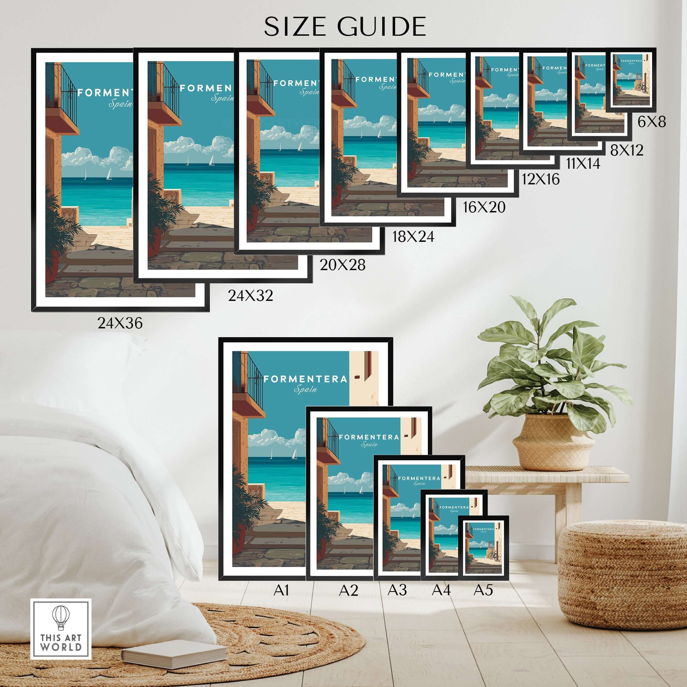 Formentera Old Town Sea View Print | Mediterranean Holiday Wall Art size guide showcasing various dimensions
