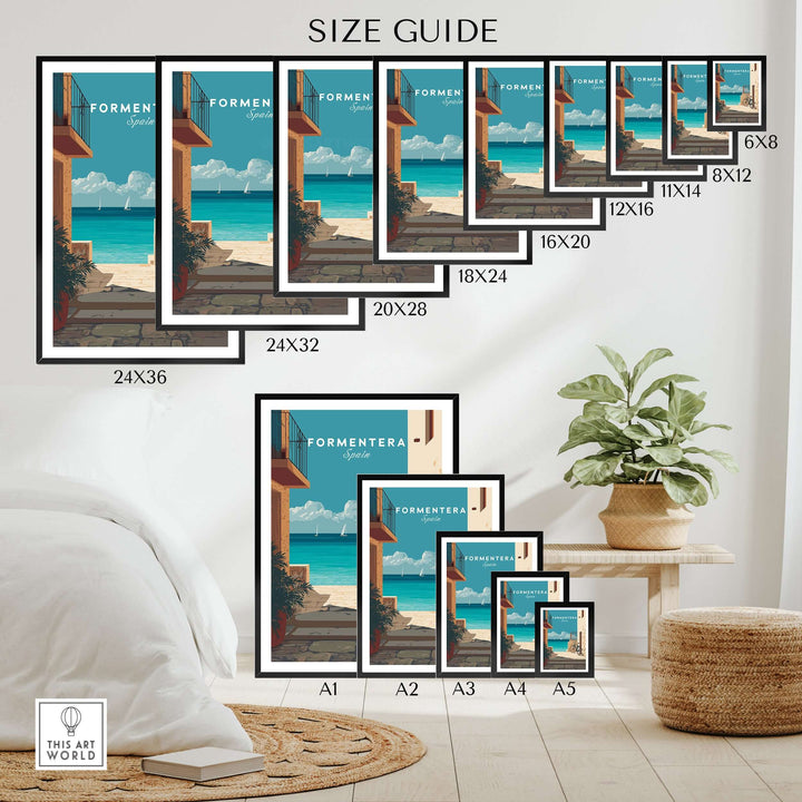 Formentera Old Town Sea View Print | Mediterranean Holiday Wall Art size guide in various dimensions.