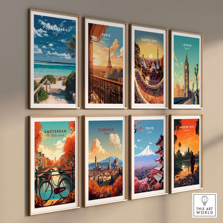 Formentera Blue Water Print | Balearic Island Home Decor displayed in a gallery wall with other city artworks.