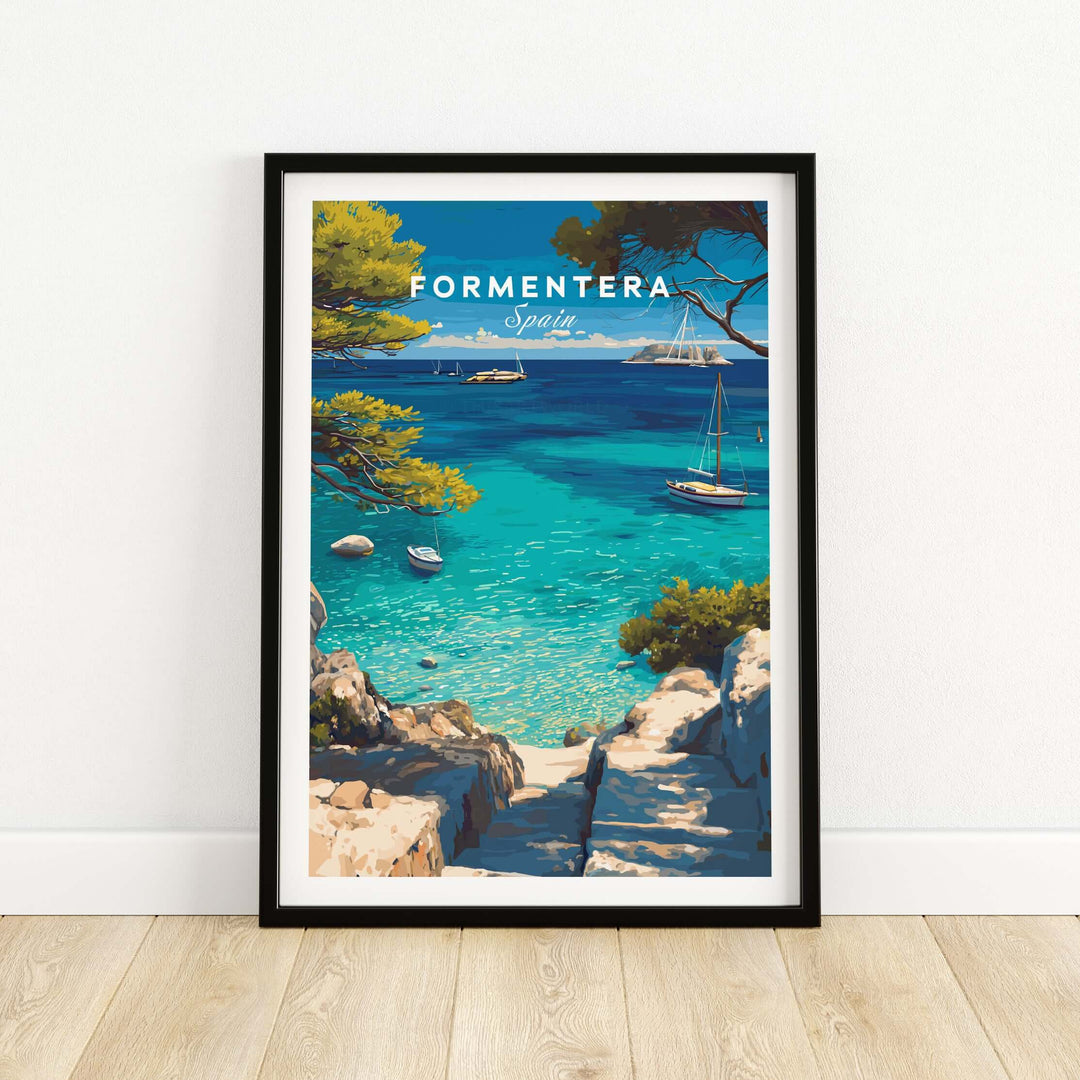 Formentera Poster - Balearic Print | Mediterranean Travel Wall Art featuring a serene coastal landscape.