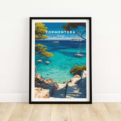 Formentera Poster - Balearic Print | Mediterranean Travel Wall Art featuring a serene beach scene.