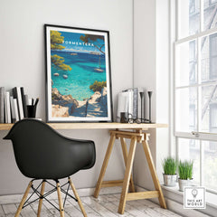Formentera Poster - Balearic Print | Mediterranean Travel Wall Art displayed in a modern workspace with coastal views.