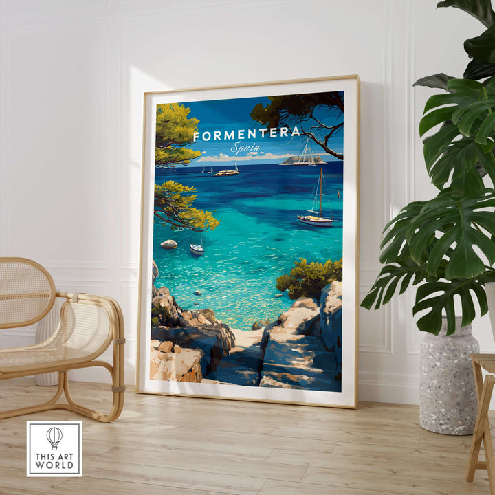 Formentera Poster - Balearic Print | Mediterranean Travel Wall Art showcasing crystal-clear waters and boats.