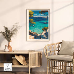 Formentera Poster - Balearic Print | Mediterranean Travel Wall Art displayed in a stylish living room with coastal decor.
