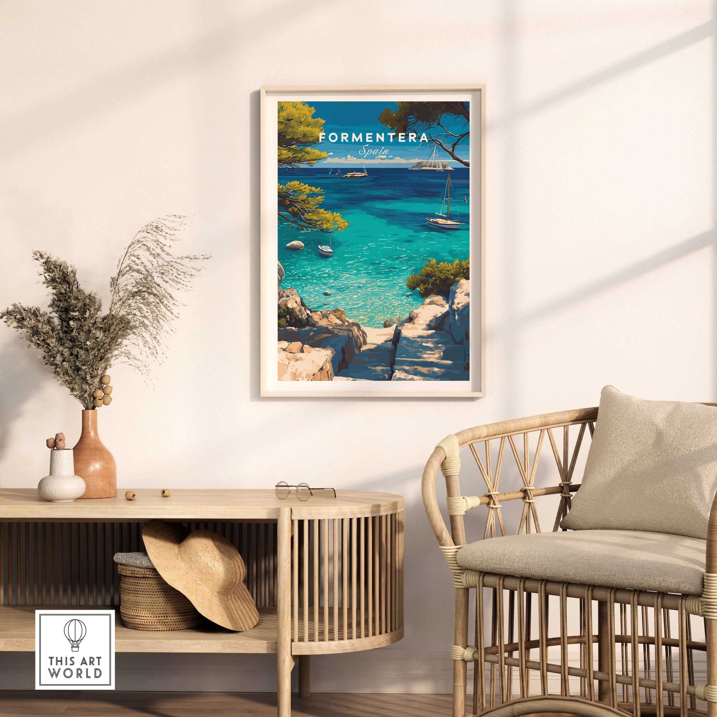 Formentera Poster - Balearic Print | Mediterranean Travel Wall Art displayed in a stylish living room with coastal decor.