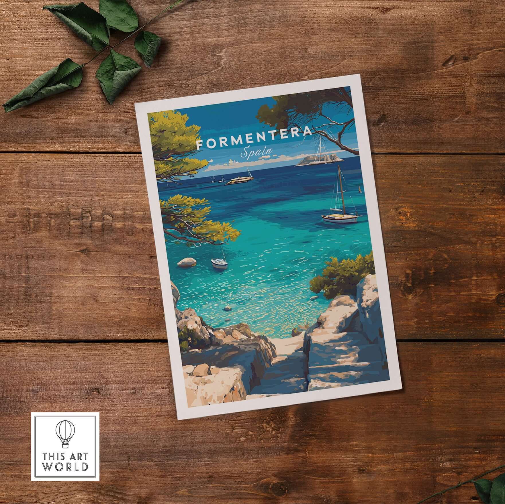 Formentera Poster - Balearic Print | Mediterranean Travel Wall Art featuring serene waters and coastal landscape.