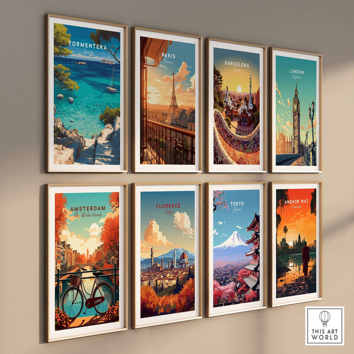 Formentera Poster - Balearic Print | Mediterranean Travel Wall Art displayed with other travel posters on a wall.