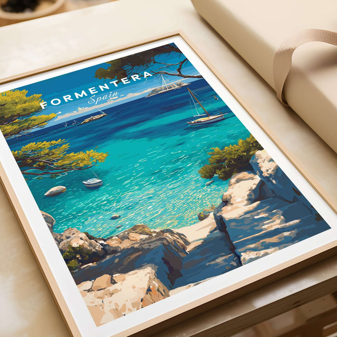 Formentera Poster - Balearic Print | Mediterranean Travel Wall Art featuring crystal-clear waters and coastal scenery.