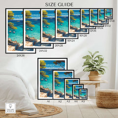 Formentera Poster - Balearic Print | Mediterranean Travel Wall Art size guide showcasing various frame sizes in a bright room.