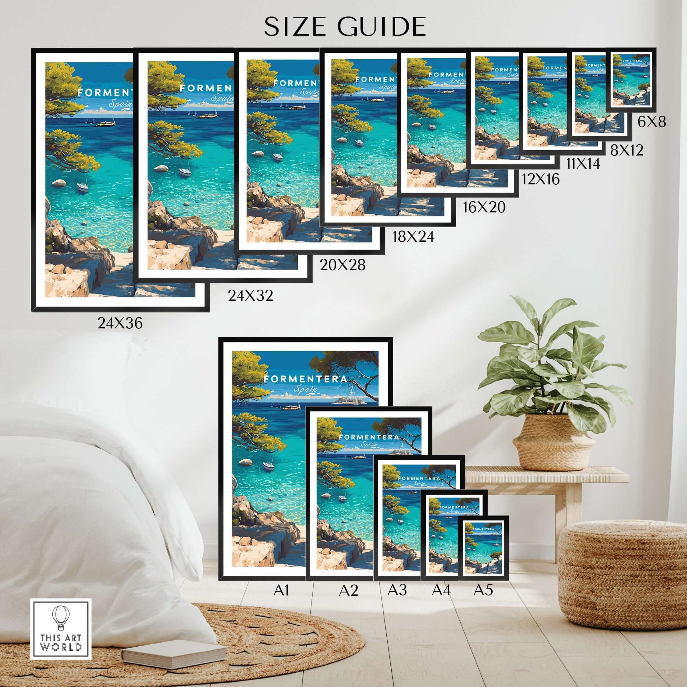 Formentera Poster - Balearic Print | Mediterranean Travel Wall Art size guide showcasing various frame sizes in a bright room.