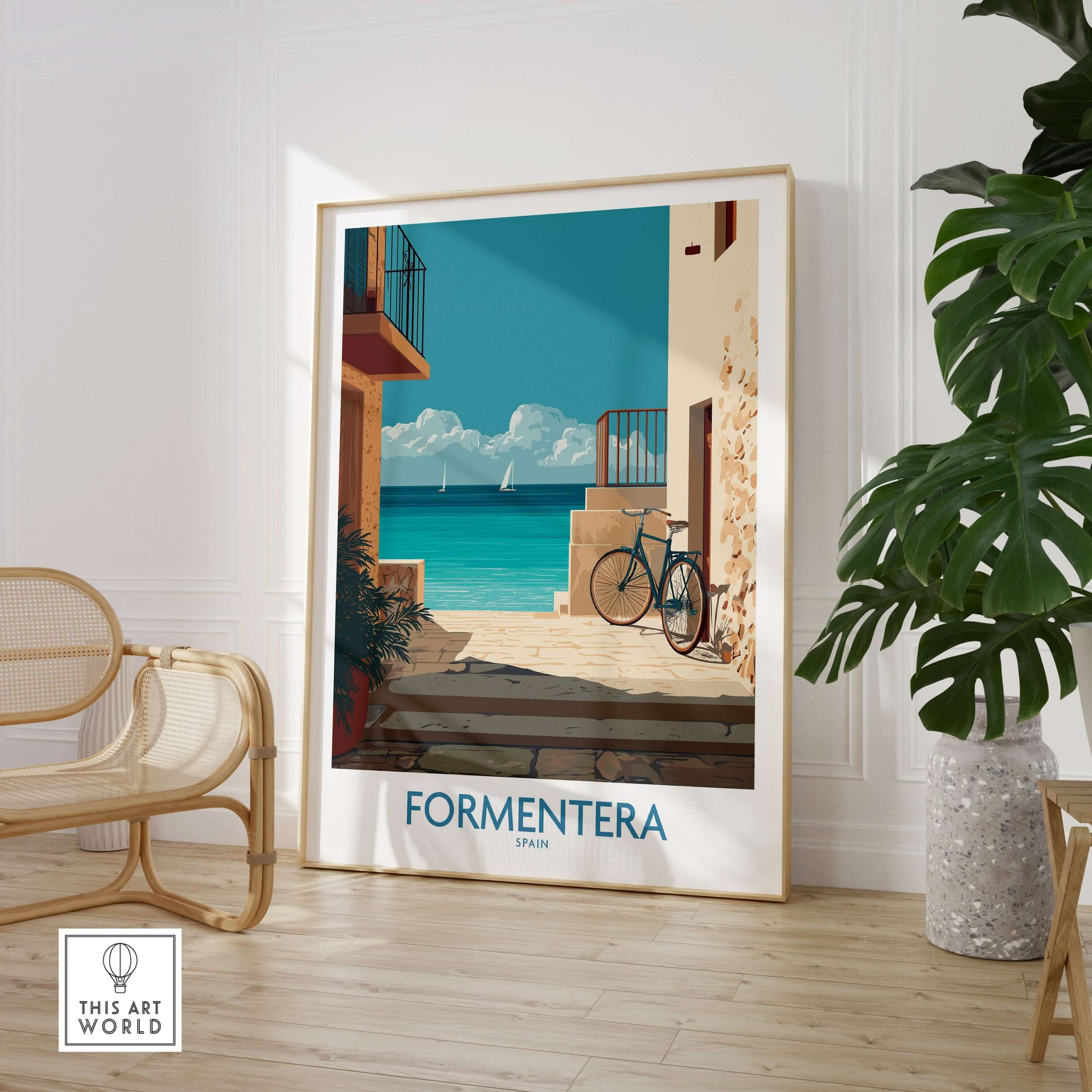 Formentera Spain Art Print | Balearic Coastal Decor Poster featuring a coastal scene with a bike.