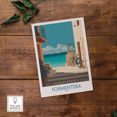 Formentera Spain Art Print | Balearic Coastal Decor Poster featuring a serene coastal scene with blue waters.