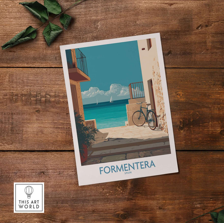 Formentera Spain Art Print | Balearic Coastal Decor Poster featuring a vibrant coastal scene and a classic bicycle.