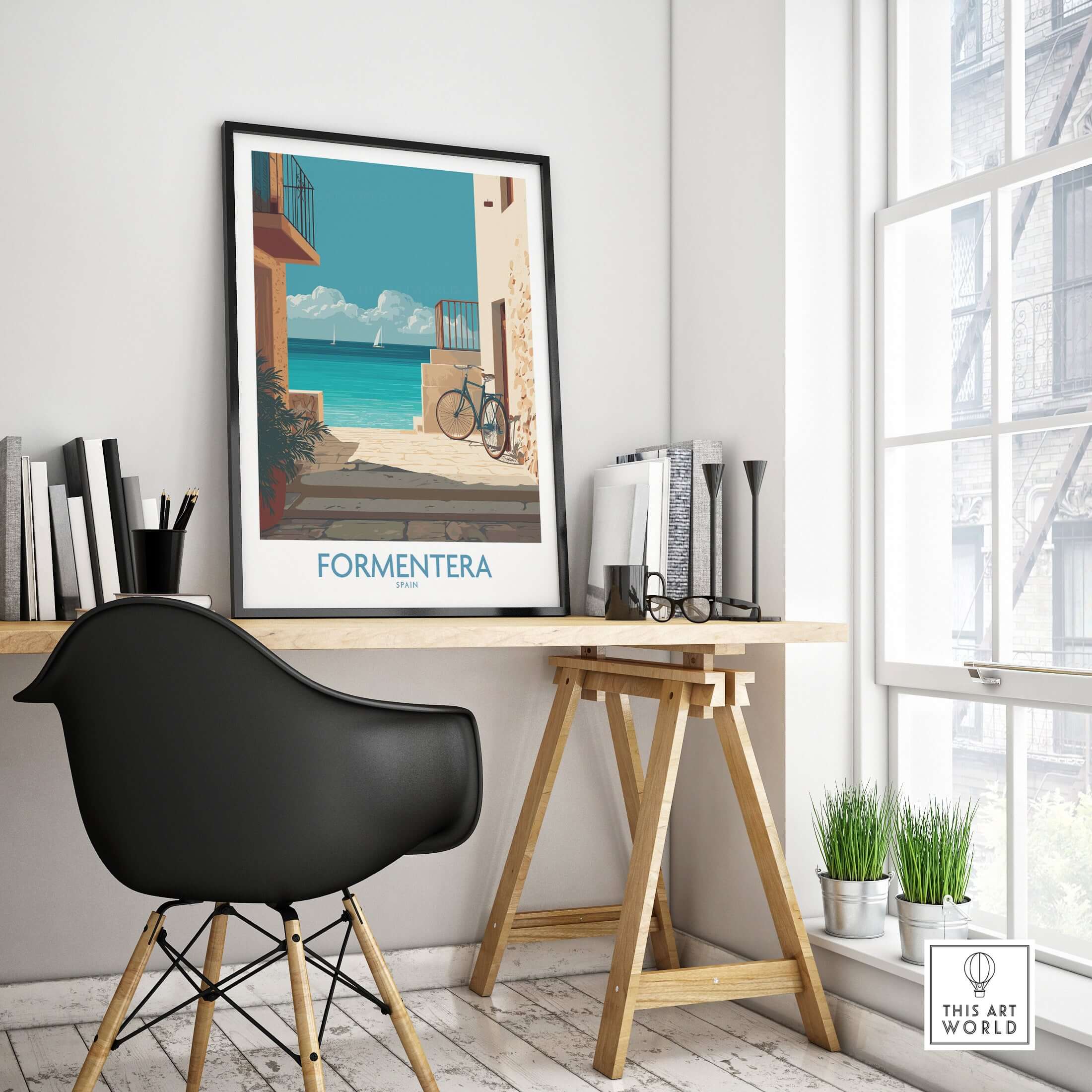 Formentera Spain Art Print | Balearic Coastal Decor Poster displayed in a stylish office setting, featuring serene coastal views.