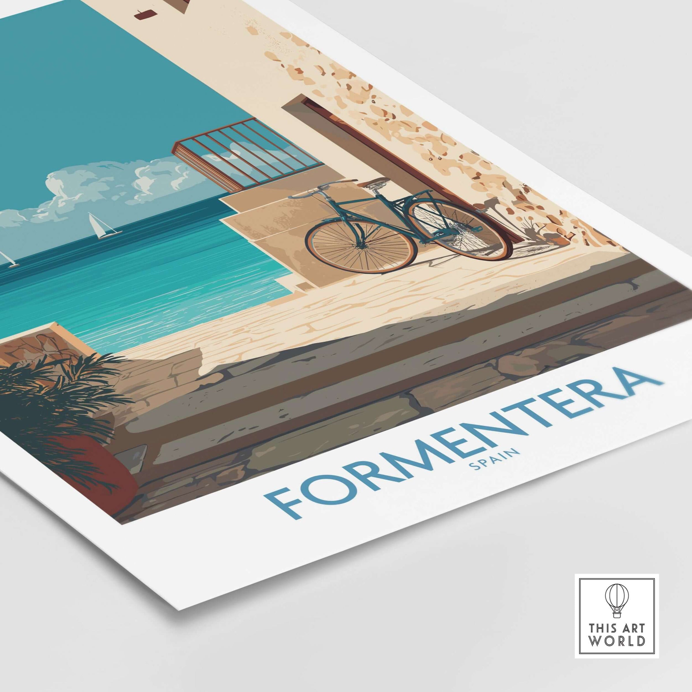 Formentera Spain Art Print | Balearic Coastal Decor Poster featuring a serene coastal scene with a bicycle.