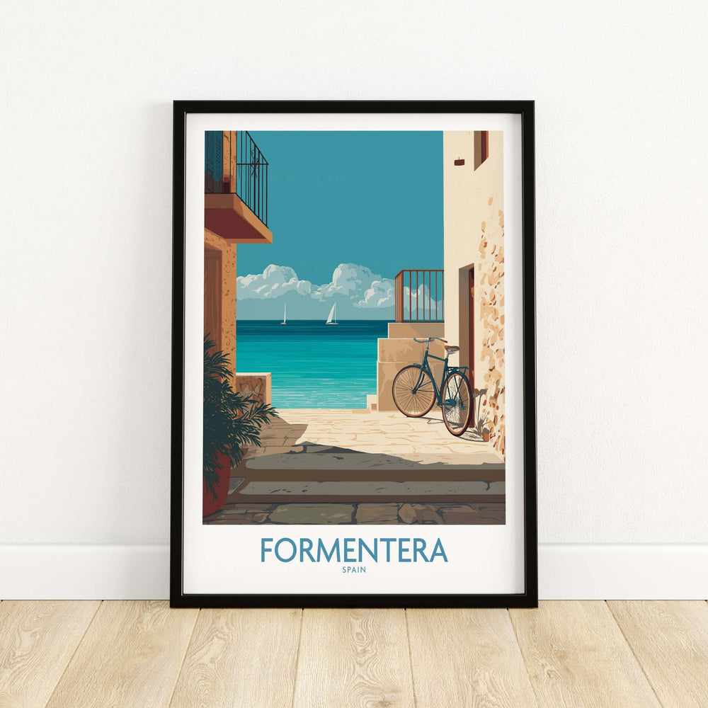 Formentera Spain Art Print | Balearic Coastal Decor Poster featuring a coastal scene with a bicycle and vibrant waters.