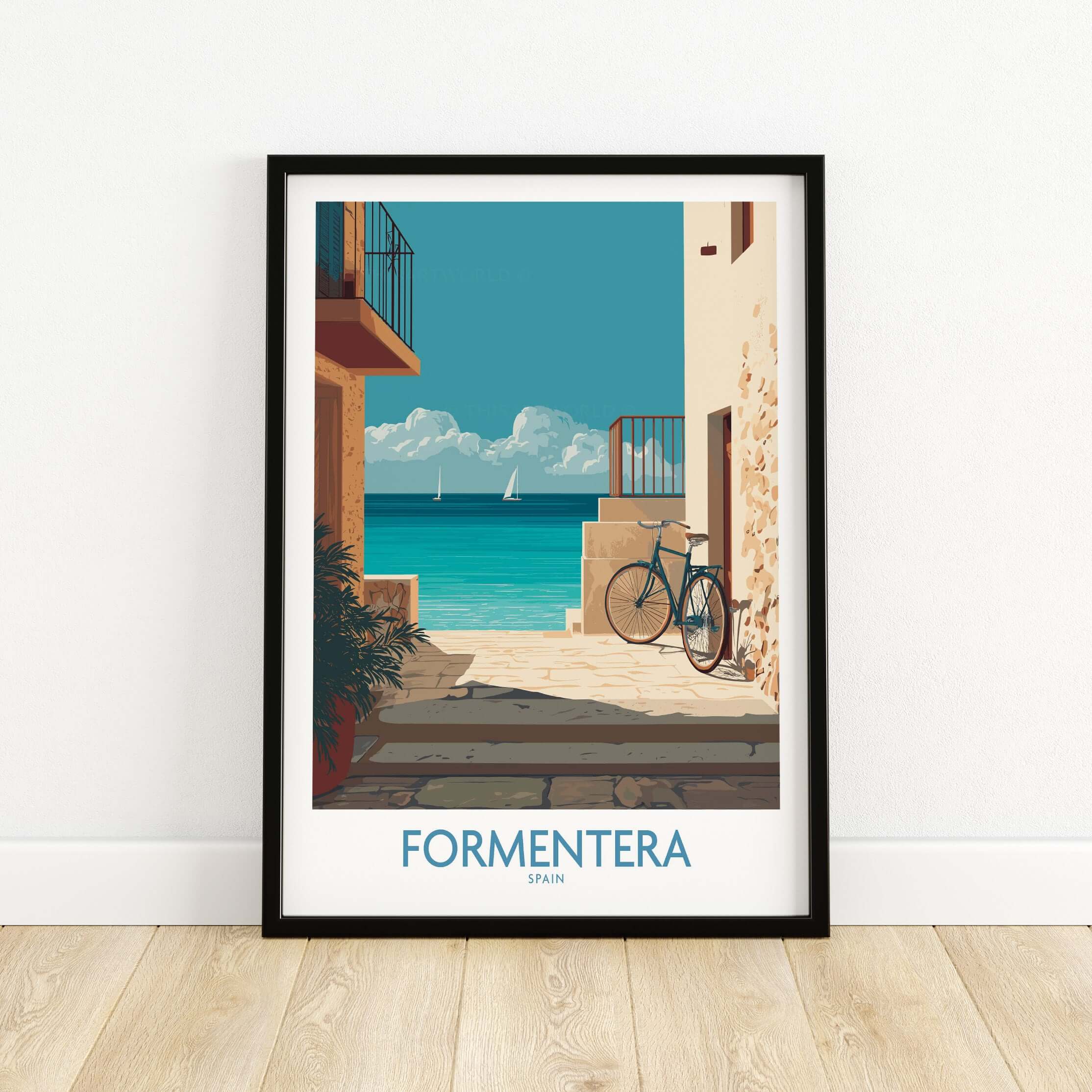 Formentera Spain Art Print | Balearic Coastal Decor Poster showcasing a beautiful coastal view with a bike.