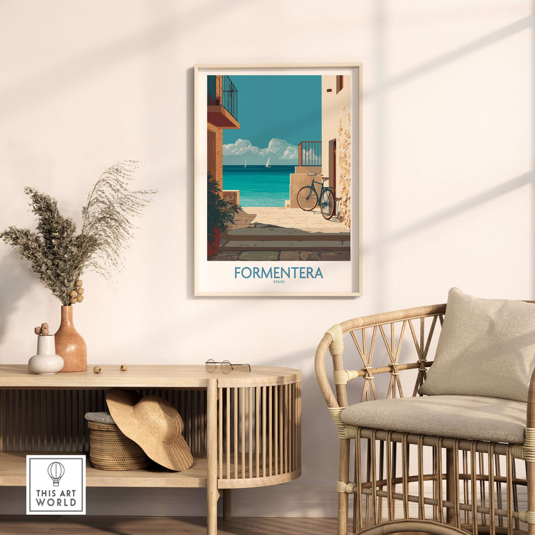 Formentera Spain Art Print | Balearic Coastal Decor Poster featuring serene coastal view in stylish interior setting.