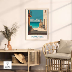 Formentera Spain Art Print | Balearic Coastal Decor Poster featuring a coastal scene with vibrant blue water.