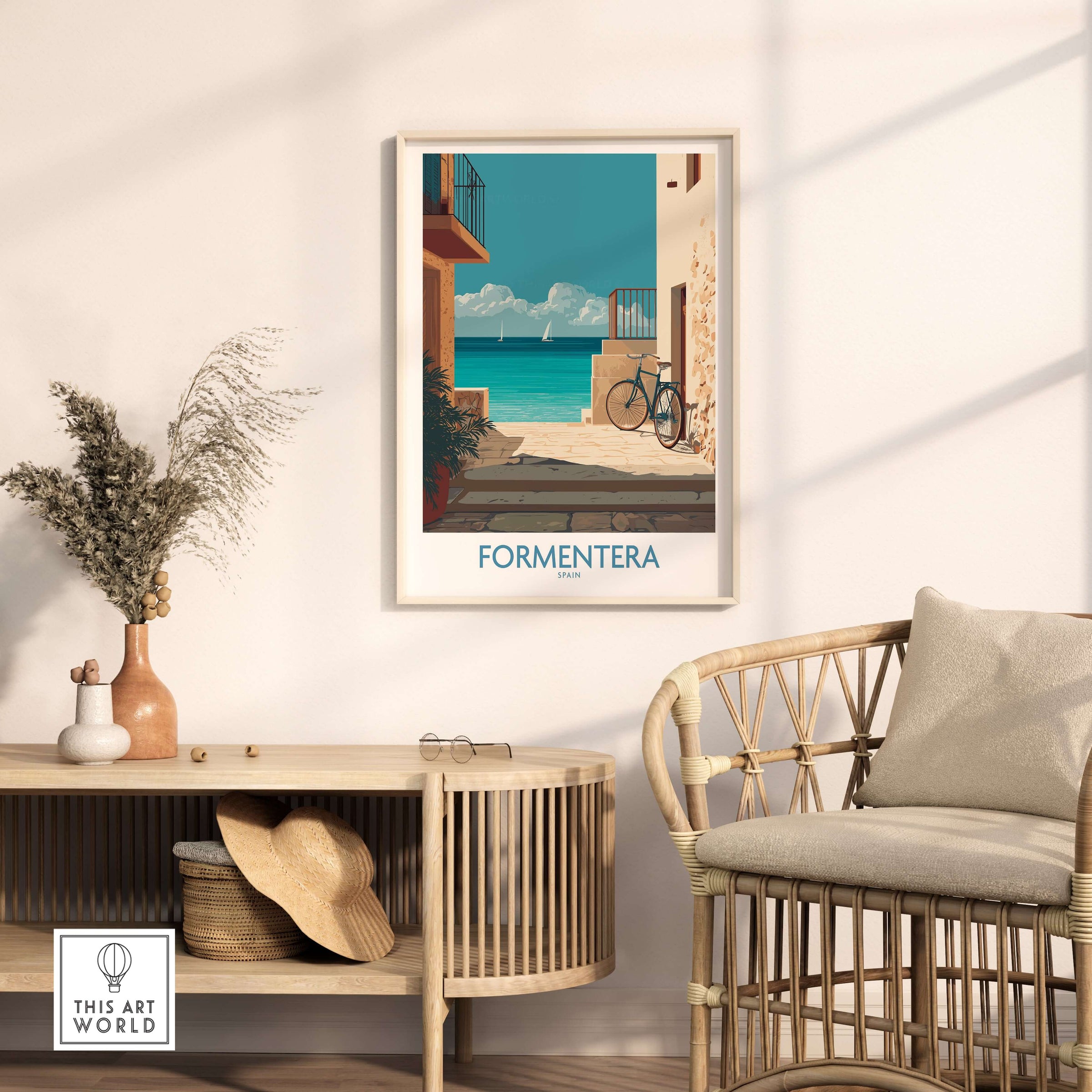 Formentera Spain Art Print | Balearic Coastal Decor Poster featuring a coastal scene with vibrant blue water.