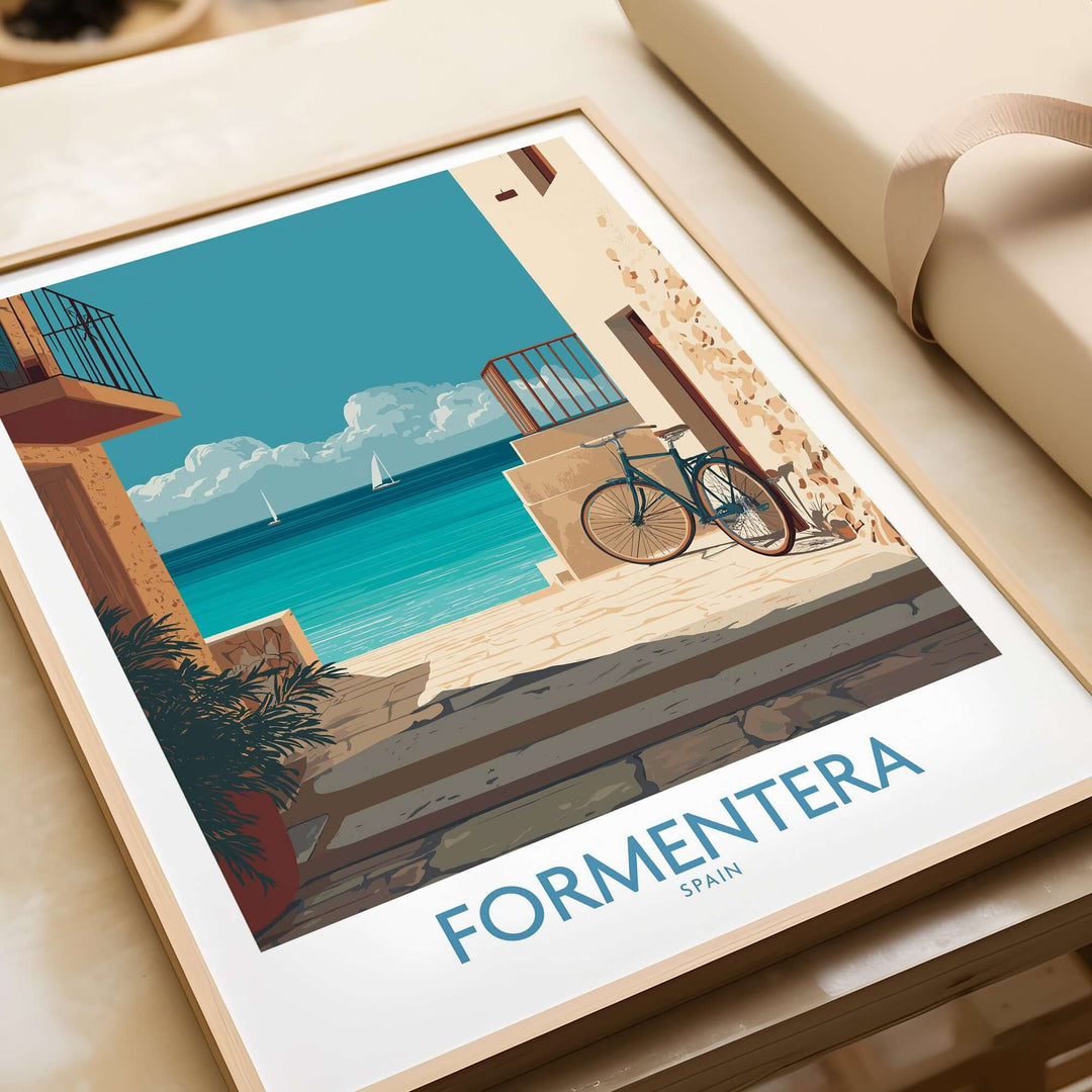 Formentera Spain Art Print | Balearic Coastal Decor Poster featuring a coastal scene with blue water and a bicycle.