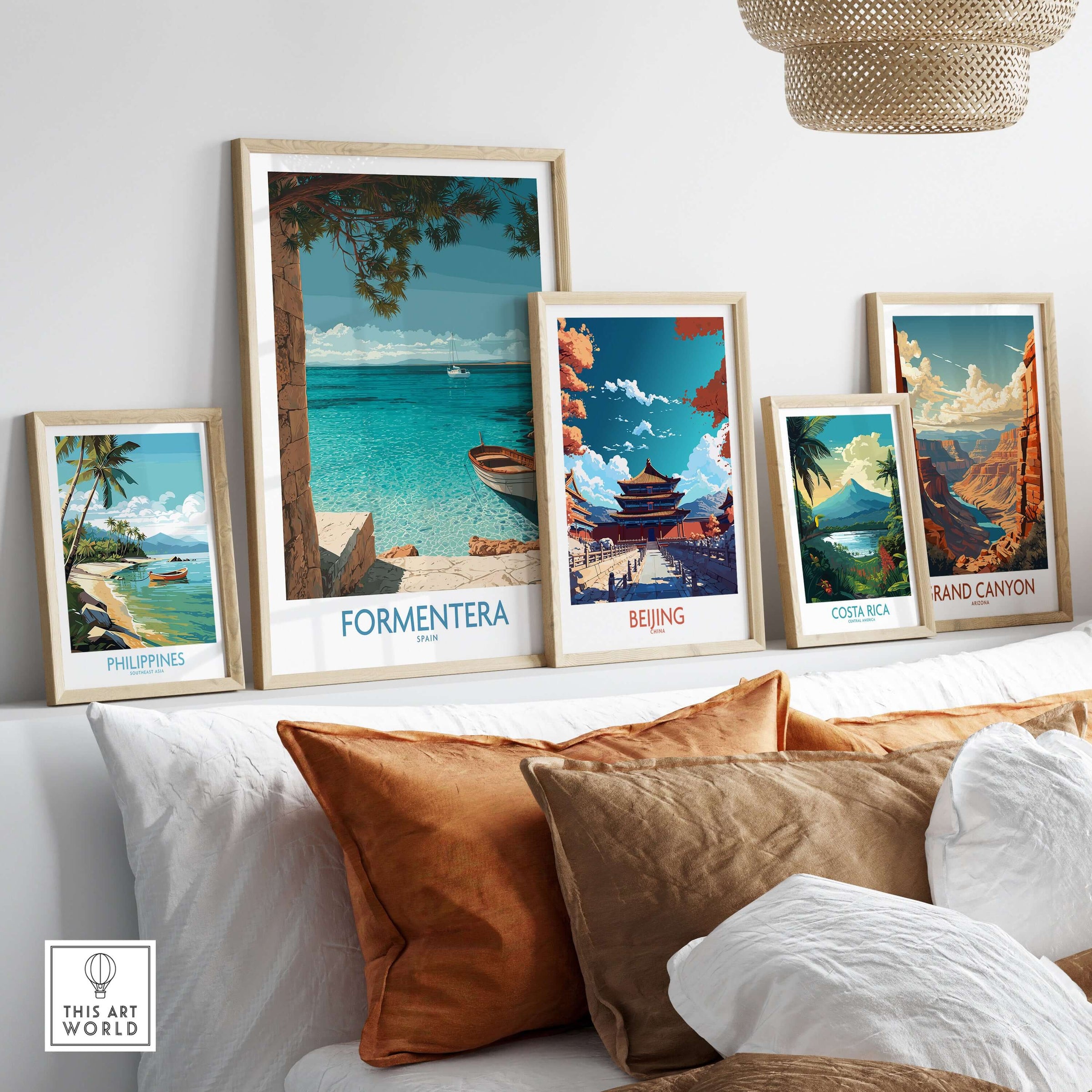 Formentera Spain Art Print | Beach Poster displayed prominently among framed travel art prints on a stylish shelf.