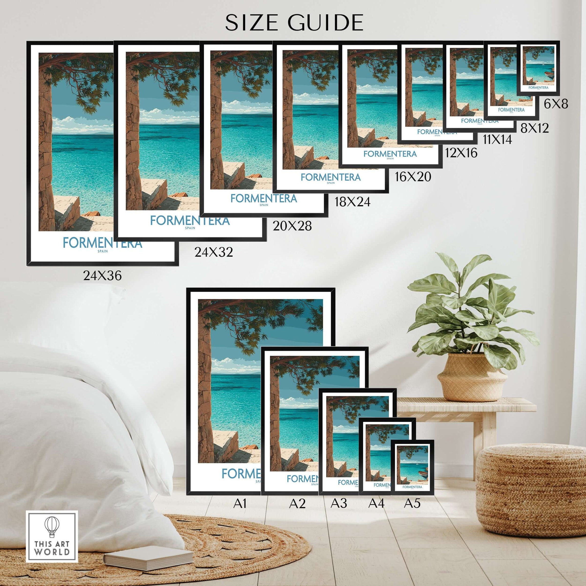 Formentera Spain Art Print | Beach Poster size guide featuring various frame sizes and title display.