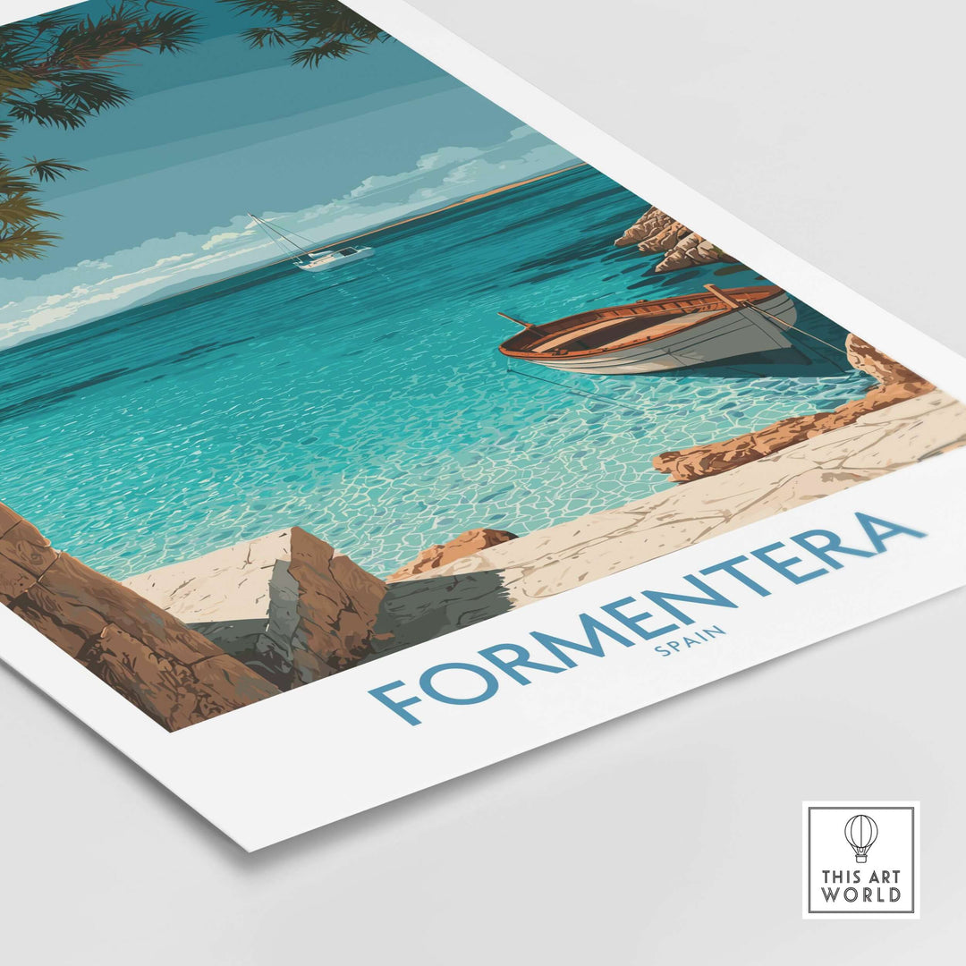 Formentera Spain Art Print | Beach Poster with turquoise waters and a boat, capturing the serene beauty of Formentera.