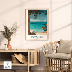 Formentera Spain Art Print | Beach Poster showcasing turquoise waters and serene beach view in a stylish interior setting.