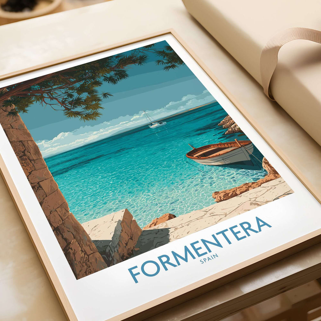 Formentera Spain Art Print | Beach Poster showcasing tranquil waters and a boat framed by nature.