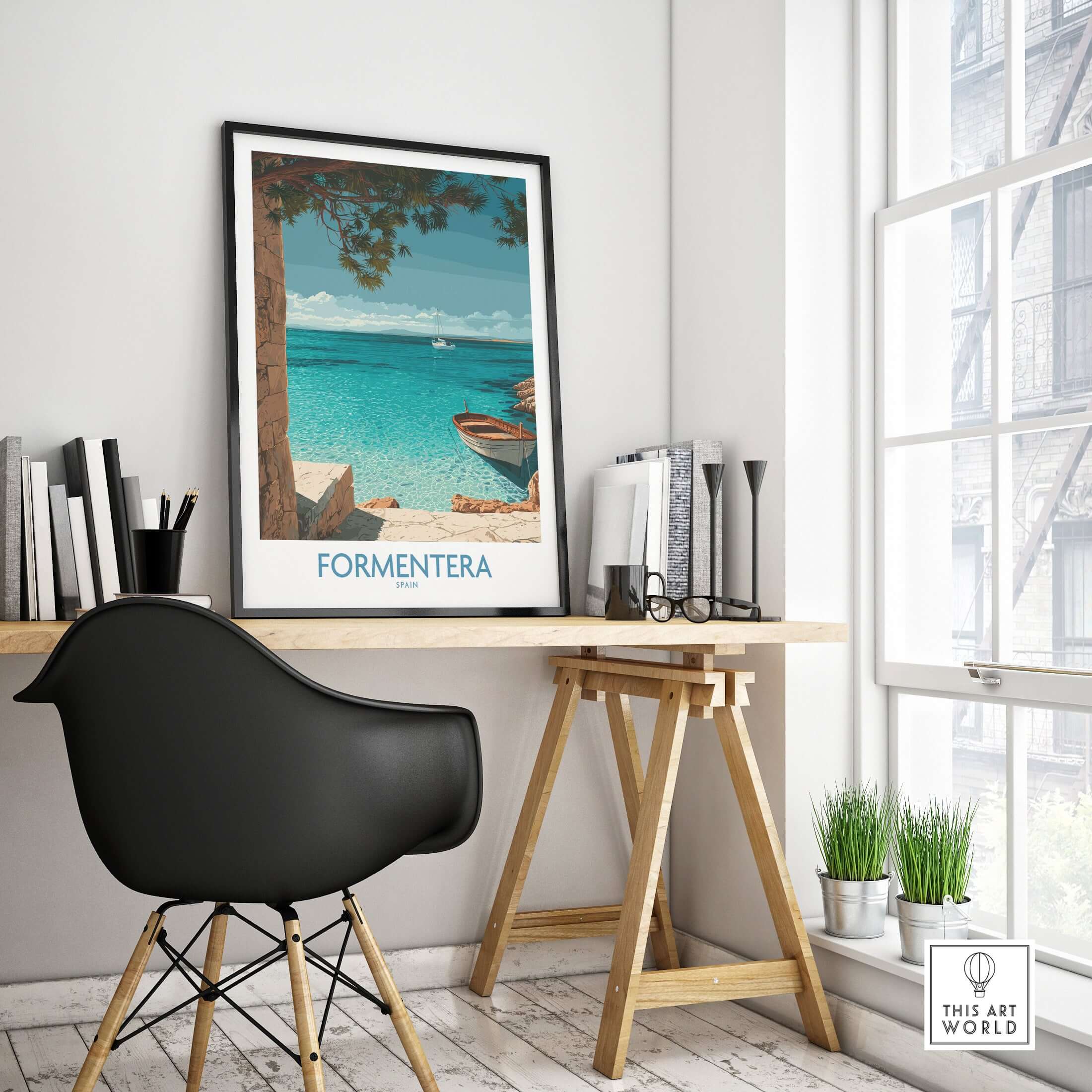 Formentera Spain Art Print | Beach Poster in a serene home office setting with a stylish desk and chair.