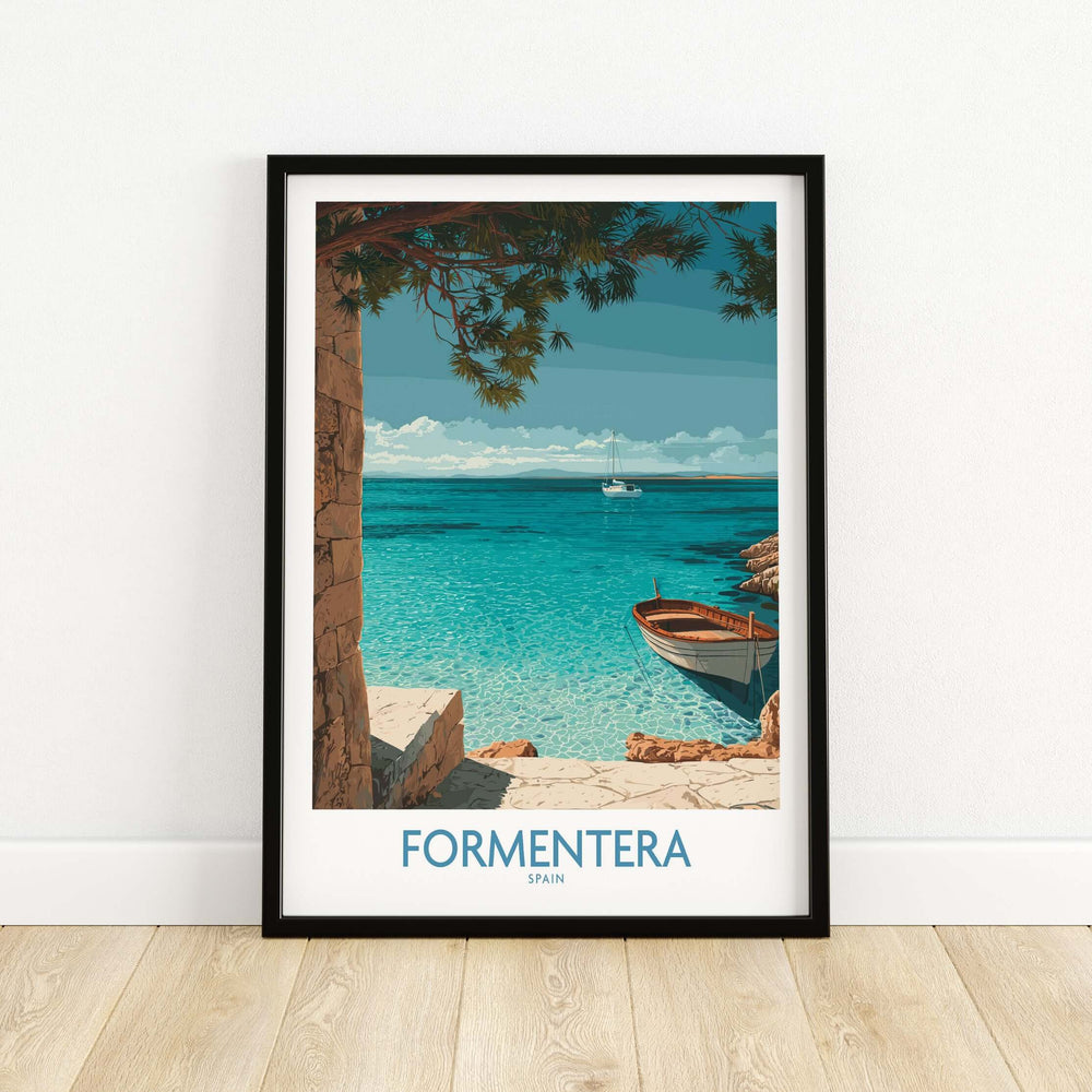 Formentera Spain Art Print | Beach Poster featuring tranquil blue waters and a boat in a serene coastal setting.