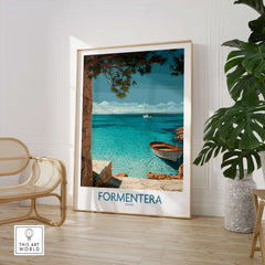 Formentera Spain Art Print | Beach Poster showcasing turquoise waters and a serene coastal scene.