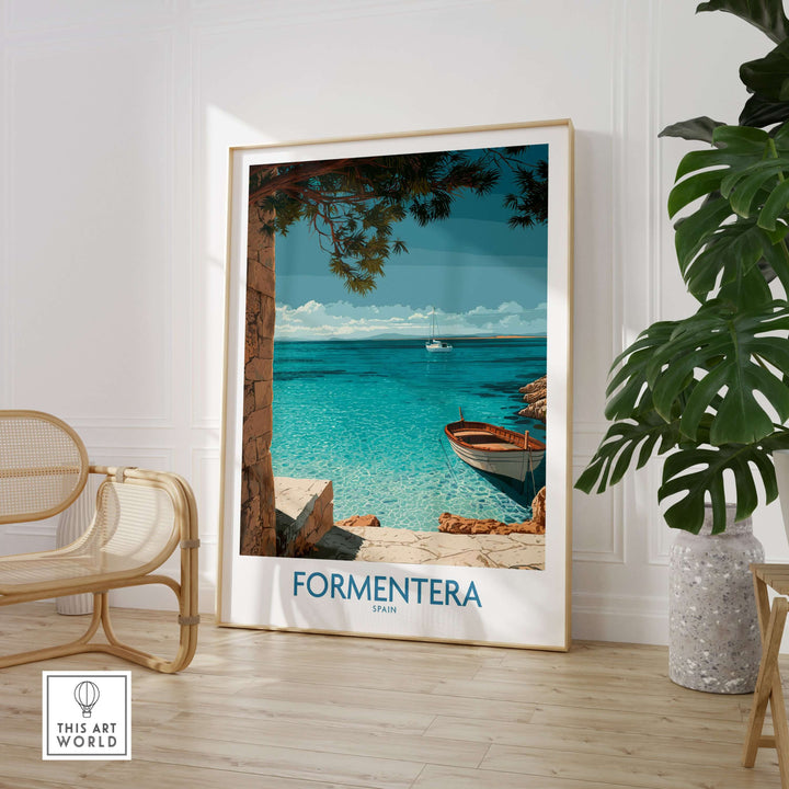 Formentera Spain Art Print | Beach Poster showcasing tranquil turquoise waters and a picturesque boat.