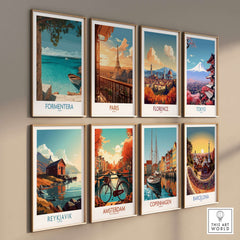 Formentera Spain Art Print | Beach Poster displayed with other city art prints on a wall.