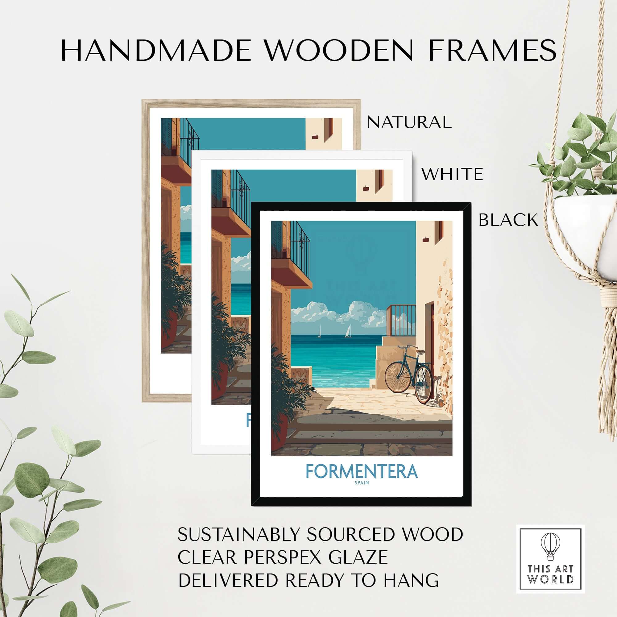 Formentera Spain Art Print | Balearic Coastal Decor Poster displayed in handmade wooden frames in natural, white, and black.