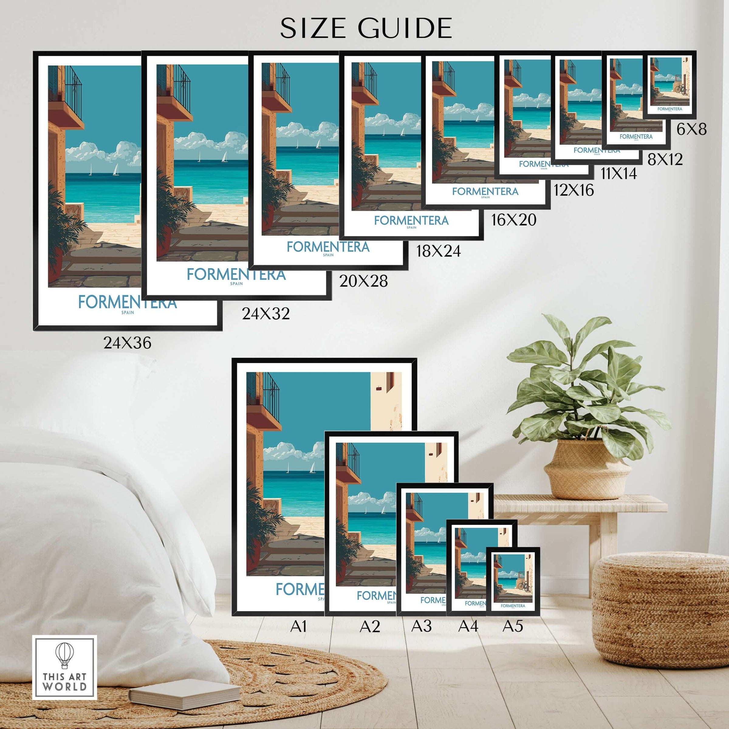 Formentera Spain Art Print | Balearic Coastal Decor Poster size guide showcasing various print sizes against a stylish room backdrop.