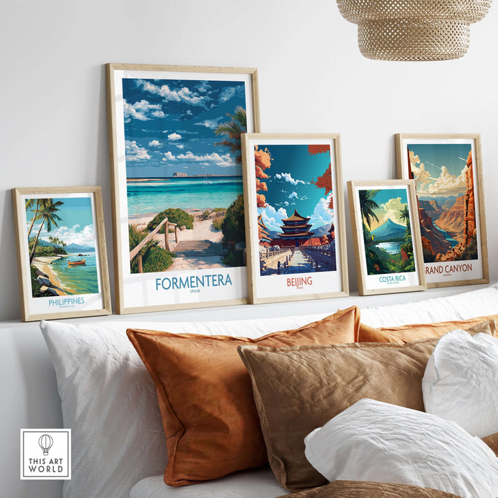 Formentera Spain Art Print | Tropical Beach Travel Poster framed among other travel art prints on a stylish wall