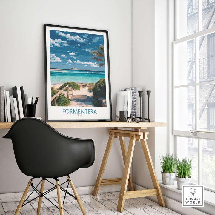 Formentera Spain Art Print | Tropical Beach Travel Poster displayed in a modern workspace with a coastal view.