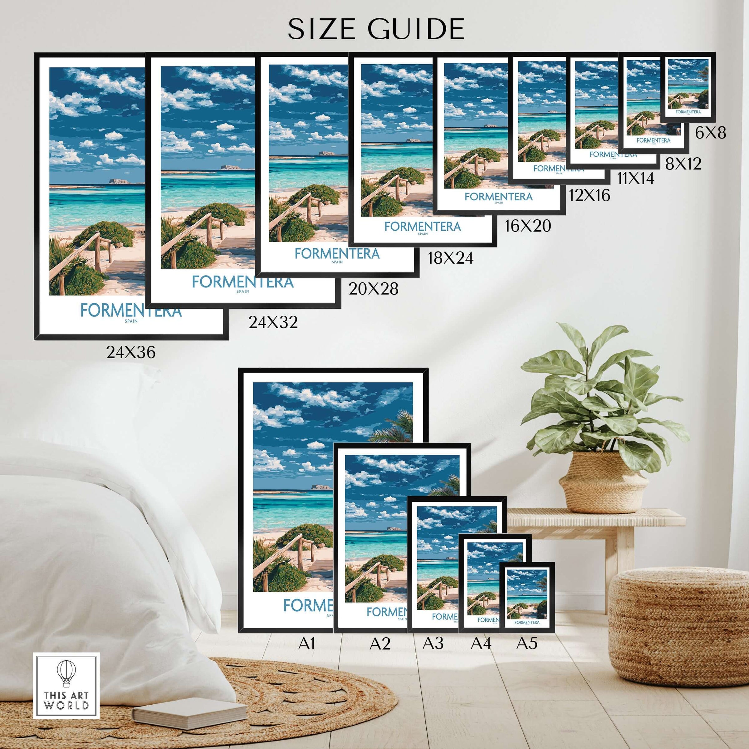 Formentera Spain Art Print | Tropical Beach Travel Poster size guide with framed print dimensions and tropical beach art.