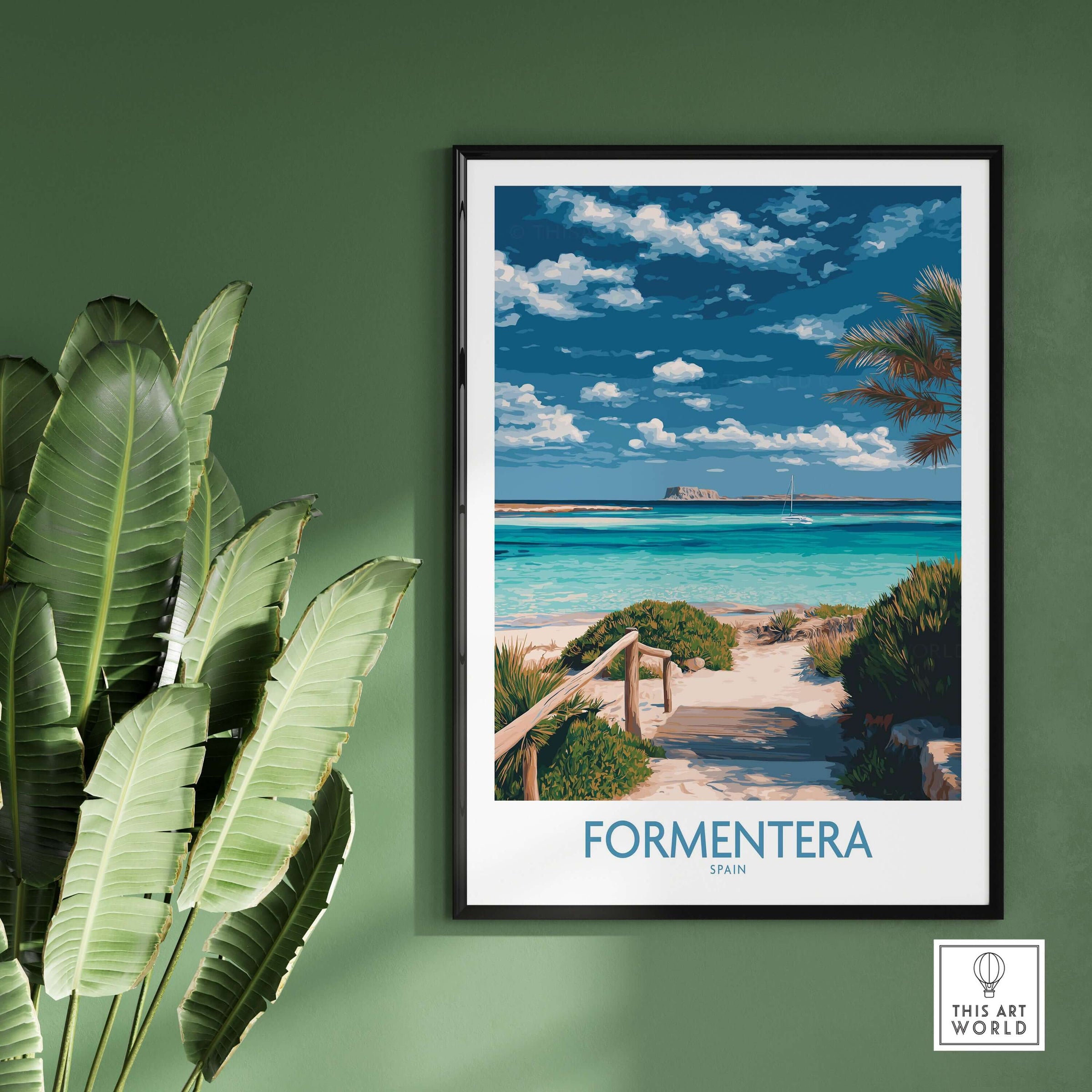 Formentera Spain Art Print | Tropical Beach Travel Poster featuring a tropical beach scene with lush greenery.